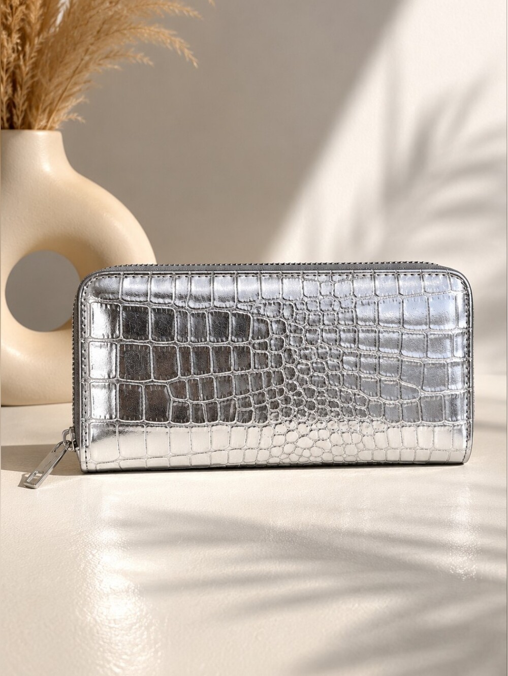 ✨Silver Croc-Embossed Clutch